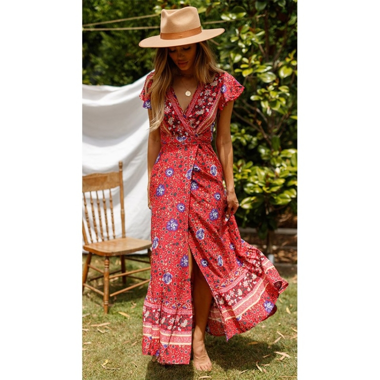 

V-neck Cardigan Lace-up Printed Beach Dress (Color:Red Size:M)