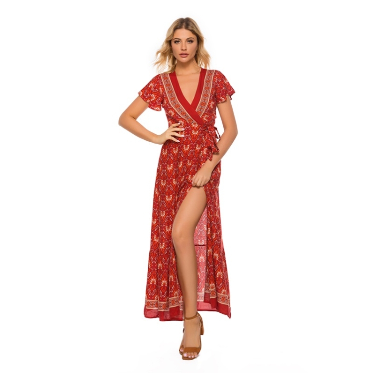 

V-neck Cardigan Lace-up Printed Beach Dress (Color:Wine Red Size:L)