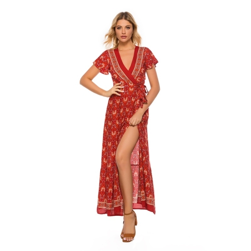 

V-neck Cardigan Lace-up Printed Beach Dress (Color:Wine Red Size:XL)