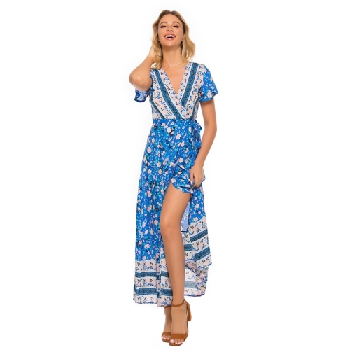 

V-neck Cardigan Lace-up Printed Beach Dress (Color:Sky Blue Size:L)