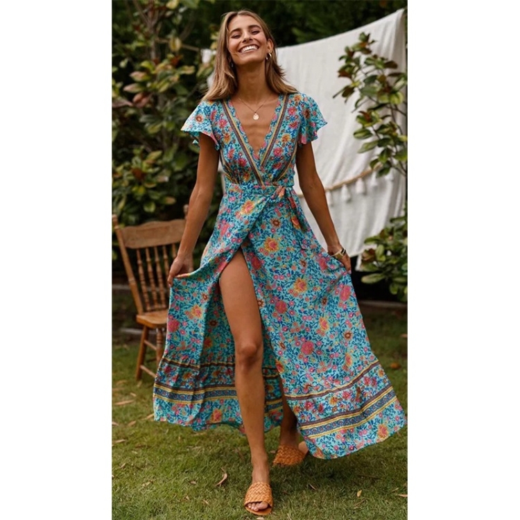 

V-neck Cardigan Lace-up Printed Beach Dress (Color:Lake Blue Size:L)