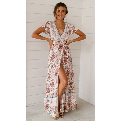 

V-neck Cardigan Lace-up Printed Beach Dress (Color:Leather Pink Size:S)