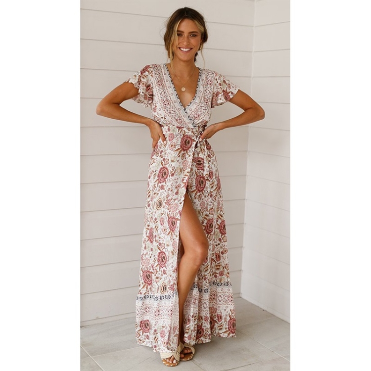 

V-neck Cardigan Lace-up Printed Beach Dress (Color:Leather Pink Size:XL)