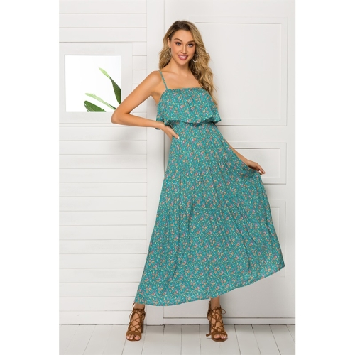 

Ruffled Print Suspender Dress (Color:Green Size:XL)