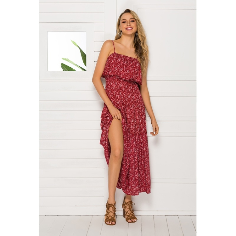 

Ruffled Print Suspender Dress (Color:Red Size:S)
