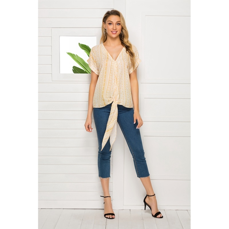 

Loose Bat Sleeves Irregular Hem Printed Chiffon Shirt Lace Top (Color:Yellow Size:XL)