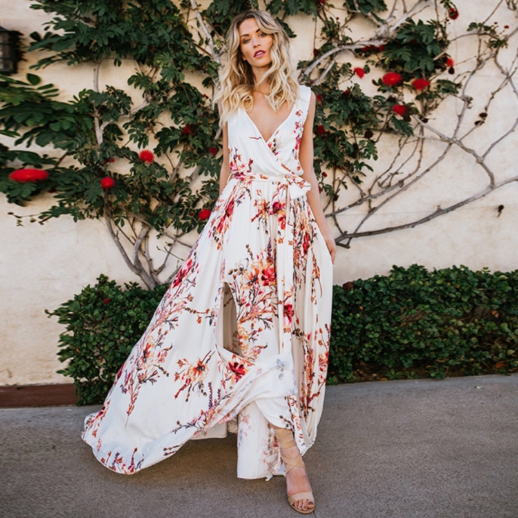 

V-neck Print Lace Up Dress (Color:Safflower Size:S)