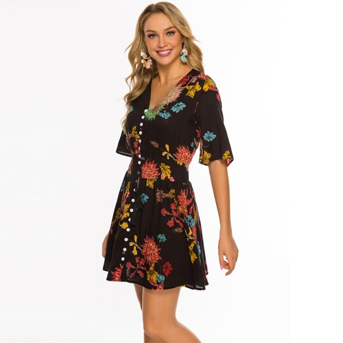

Buttoned Printed Booty Half Sleeve Tunic Dress (Color:Red Flower on Black Size:M)