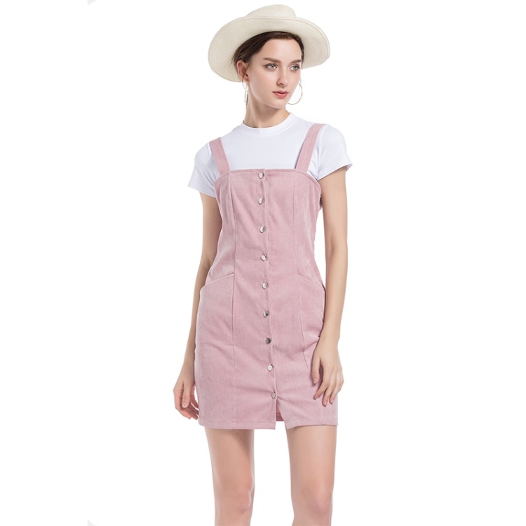 

Corduroy Pocket Casual Strap Dress (Color:Pink Size:M)