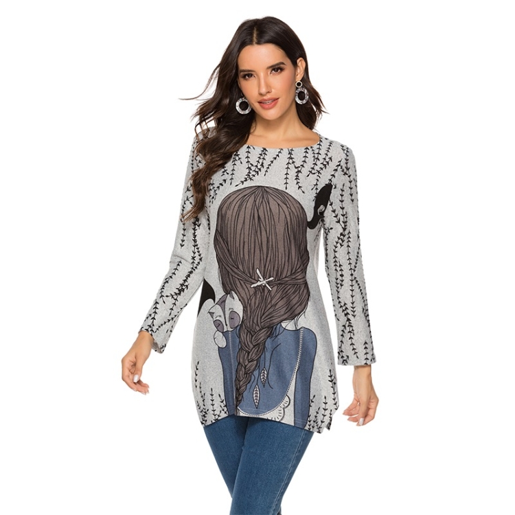 

Long Sleeve Round Neck Cartoon Print Wool Knit T-shirt (Color:Blue Size:M)