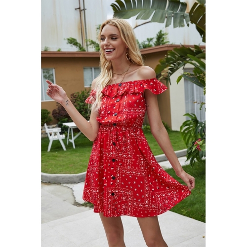 

Ruffled Shoulder-breasted Printed Dress (Color:Red Size:S)