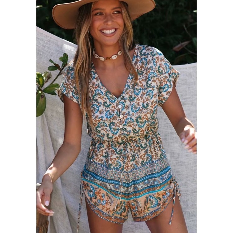 

V-neck Jumpsuit With Drawstring Tie (Color:Apricot Blue Flower Size:M)