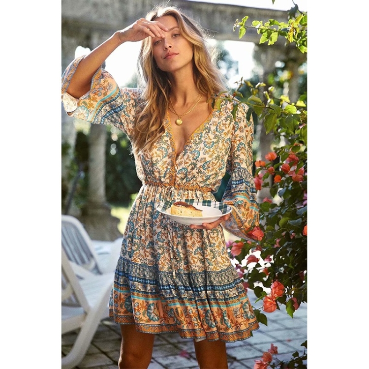 

V-neck Dress With Large Flared Sleeves And Drawstring (Color:Apricot Blue Size:L)