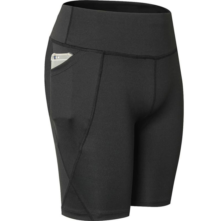 

High Elastic Medium High Waist Fitness Exercise Quick Drying Sweat Wicking Tight Shorts With Pocket (Color:Black Size:XXL)