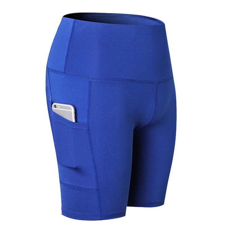 

High Waist Yoga Slant Pocket Exercise Quick Dry Tight Elastic Fitness Shorts (Color:Blue Size:S)