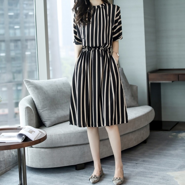 

Casual Loose Vertical Strip Texture Dress (Color:Black Size:XL)
