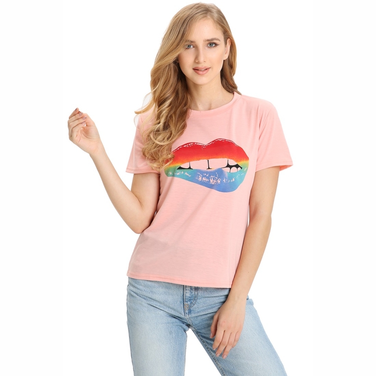 

Fashion Color Lip Printed Short Sleeve T-shirt (Color:Pink Size:M)