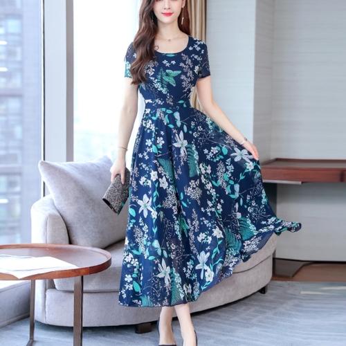 

Round Neck Pleated Waist Fashionable Print Dress (Color:Blue Size:S)