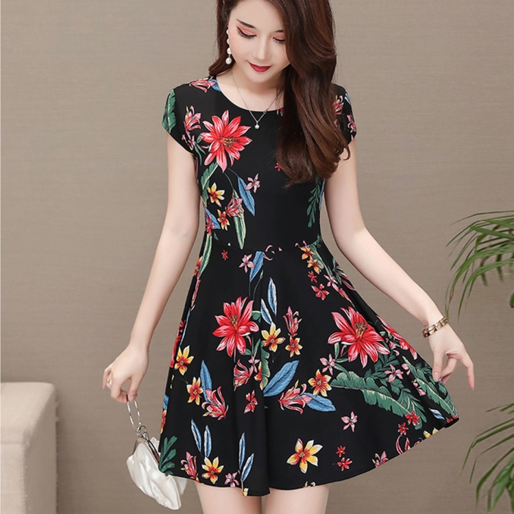 

Medium Length Floral Dress Short Sleeve Printed A-line Skirt (Color:Big Red Flower Size:M)