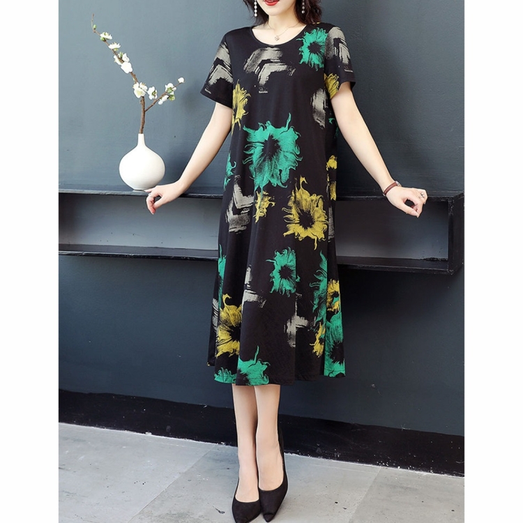 

Western Style Loose And Thin Mid-length Dress With Age Reduction Print (Color:Green Flower Size:L)