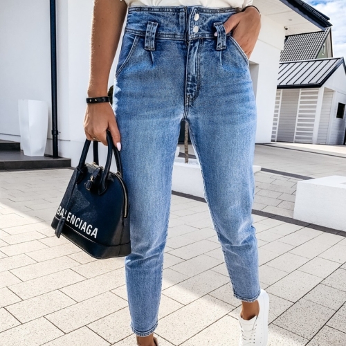 

Fashion High Waist Straight Thin Denim Trousers (Color:Blue Size:S)