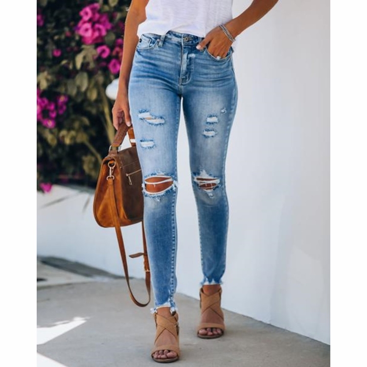 

Fashion Ripped Denim Trousers (Color:Blue Size:S)