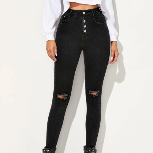 

Stretch High-waisted Button-backed Denim Pencil Pants (Color:Black Size:S)