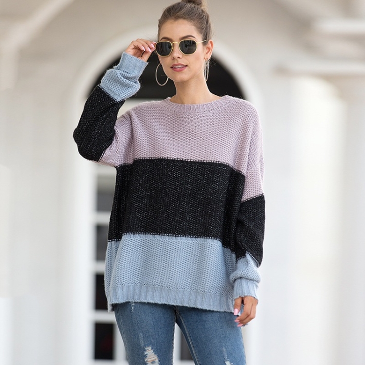 

Striped Texture Color Block Pullover Sweater (Color:Black Size:L)