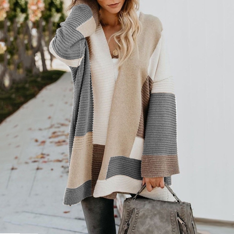 

Loose Geometric Colorblock Sweater Cardigan (Color:Gray Size:S)