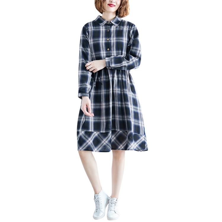 

Large Size Loose Looking Thin Western Style Mid-length Plaid Dress (Color:As Shown Size:M)