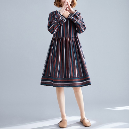 

Large Size Loose And Thin Western Style Mid-length Striped Dress (Color:Red Size:L)