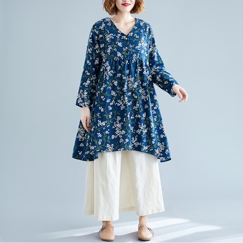 

Retro Print Plus Size Cotton And Linen Dress Loose V-neck Skirt (Color:Blue Size:M)