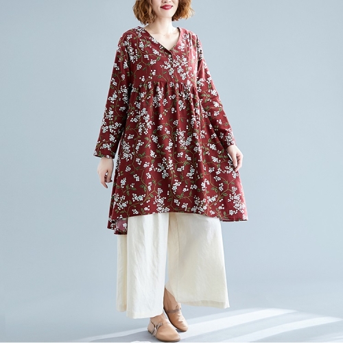 

Retro Print Plus Size Cotton And Linen Dress Loose V-neck Skirt (Color:Wine Red Size:M)