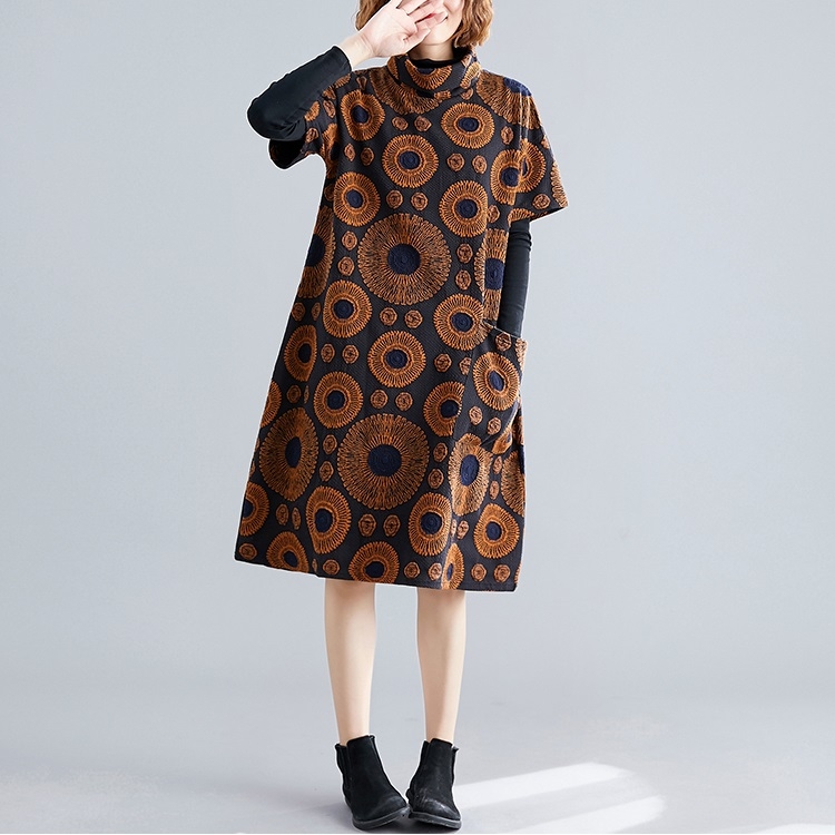 

Large Size Fat Sister Loose And Thin Mid-length Print High Neck Dress (Color:Coffee Size:Free Size)