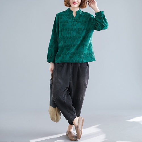 

Art Retro Jacquard V-neck Loose And Thin Short Long Sleeves (Color:Green Size:L)