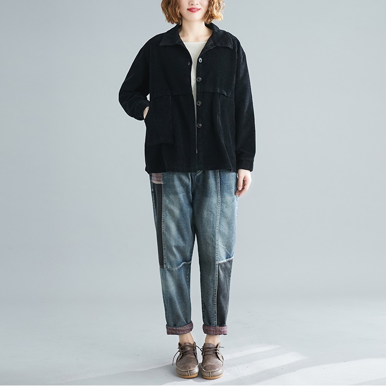 

Literature And Art Retro Corduroy Jacket Women Loose Corduroy Short Cardigan Long Sleeves (Color:Black Size:L)