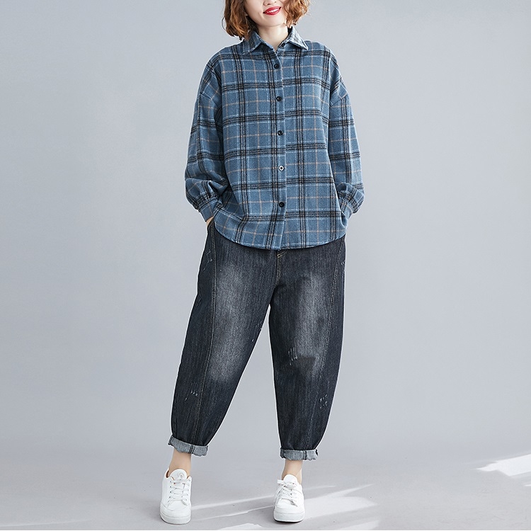 

Long-sleeved Plaid Shirt Women Autumn And Winter Loose Retro All-match Shirt Jacket (Color:Blue Size:Free Size)