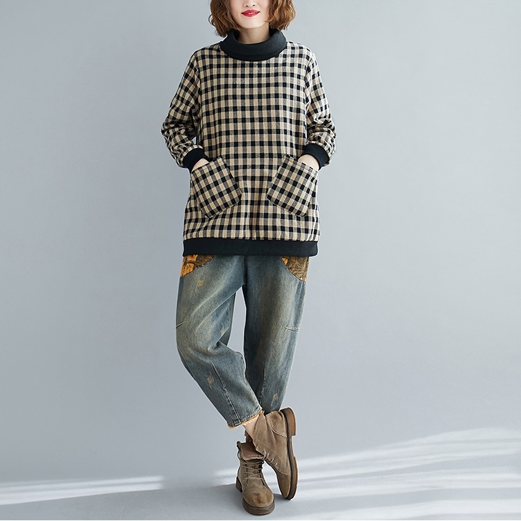 

Plus Velvet Thick Outer Wear Pullover Sweater Loose All-match Blouse Half High Collar Bottoming Shirt (Color:Beige Size:L)