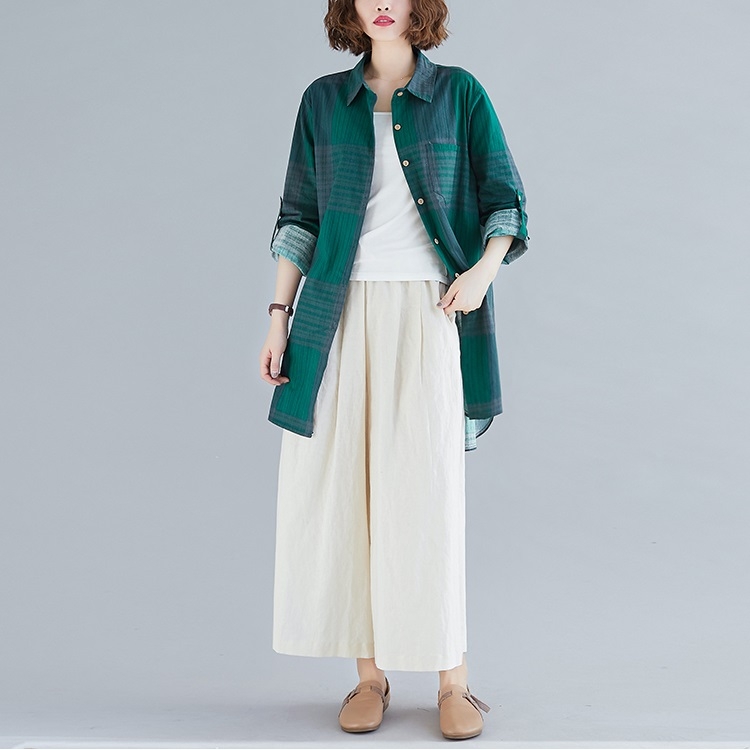 

Retro Literary Plaid Long-sleeved Shirt Women Mid-length Jacket Shirt (Color:Green Size:XXL)