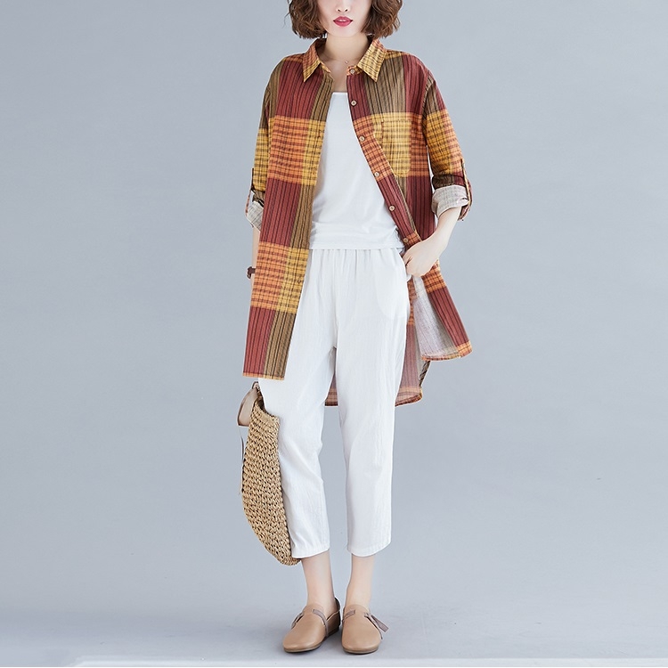 

Retro Literary Plaid Long-sleeved Shirt Women Mid-length Jacket Shirt (Color:Yellow Size:XXL)