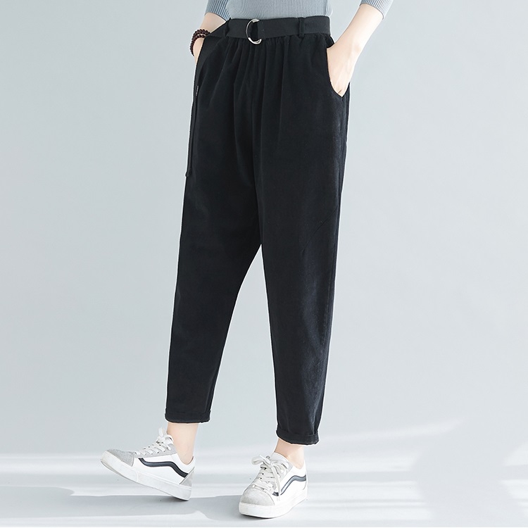 

Retro Art All-match Casual Trousers Autumn And Winter Solid Color Corduroy Elastic Pants (Color:Black Size:L)