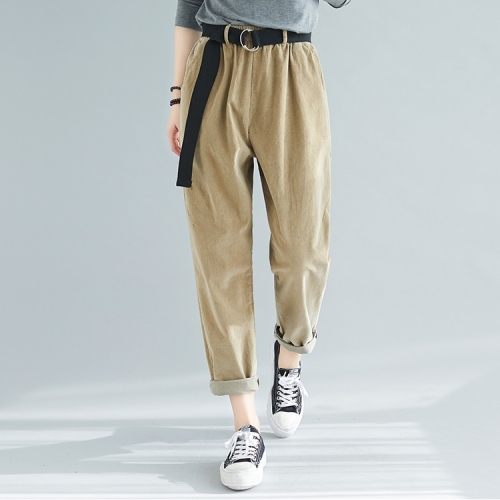 

Retro Art All-match Casual Trousers Autumn And Winter Solid Color Corduroy Elastic Pants (Color:Khaki Size:XL)