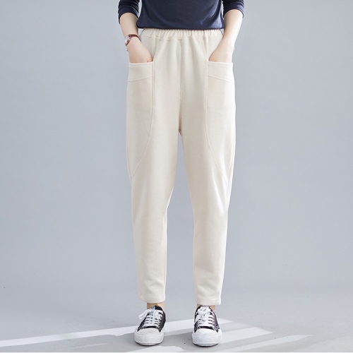 

Loose Large Size Literary Vertical Pockets All-match Solid Color Slim Casual Pants (Color:Apricot Size:L)