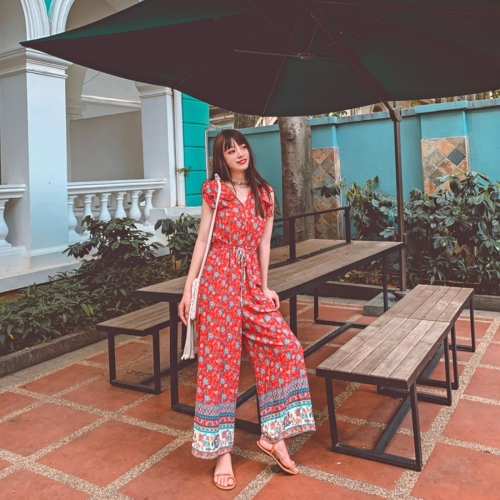 

Holiday Style Retro Printed Wood Ear Button Waist Wide Leg Pants Floral Tie Jumpsuit (Color:Red Size:S)