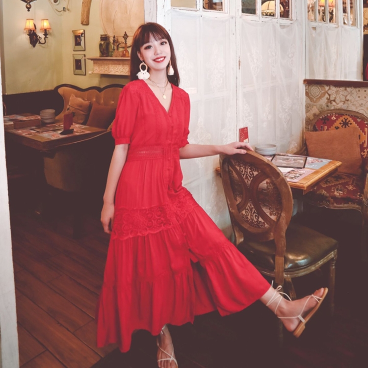 

V-neck Button Cutout Fairy Lace Holiday Dress (Color:Red Size:S)