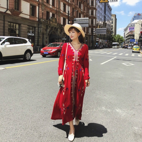 

Bohemian Ethnic Style Cotton And Linen Embroidery Thin Holiday Dress Beach Skirt (Color:Red Size:S)