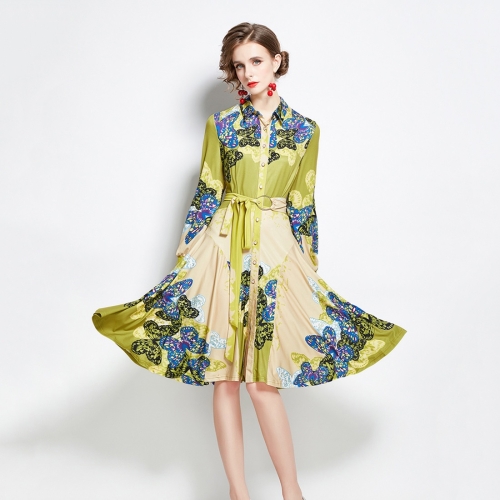 

Early Autumn Fashion Print Lapel Dress Fairy Super Fairy French Green Skirt (Color:Emerald Size:M)