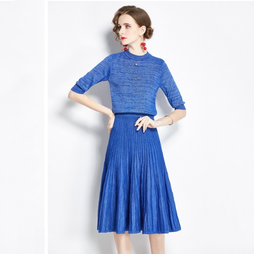 

Early Autumn Bright Silk Knitted Simple Temperament Suit + Fashion Pleated Skirt Two-piece Suit (Color:Blue Size:Freesize)