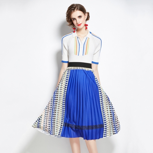 

Autumn Fit All-match Sweater + Pleated Contrast Printing Skirt Two-piece Suit (Color:Blue Size:L)