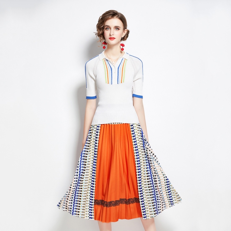 

Autumn Fit All-match Sweater + Pleated Contrast Printing Skirt Two-piece Suit (Color:Orange Size:L)